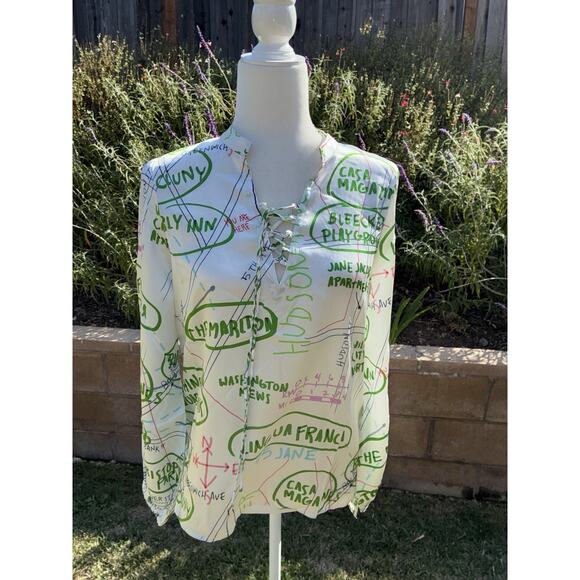 Lingua Franca Blouse S Hudson Graphic Silk Peasant Top New White Green - Picture 2 of 14